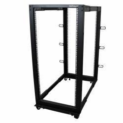 StarTech.com 4-Post 25U Mobile Open Frame Server Rack, Four Post 19in Network Rack with Wheels, Rolling Rack with Adjustable Depth for Computer/AV/Data/IT Equipment - Casters, Leveling Feet or Floo...