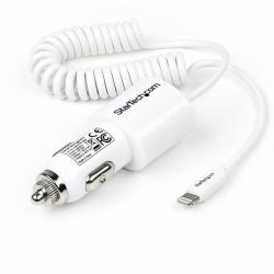 StarTech.com Dual-Port Car Charger - USB with Built-in Lightning Cable - White (DUAL IPAD CAR CHARGER - 2 PORT - LIGHTNING AND USB - 21W / 4.2A)