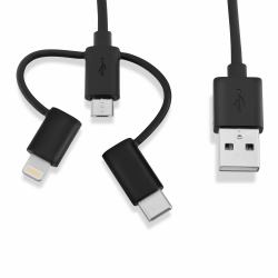 V7 Black USB Cable USB 2.0 A Male to Micro USB Male, Lightning Male, USB-C Male 1m 3.3ft (LIGHTNING/USBC/MICRO USB CABLE - 3-IN-1 CABLE - MFI CERTIFIED)