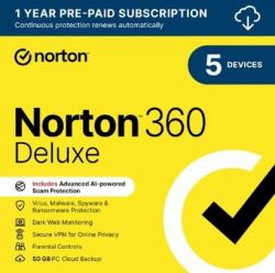 Norton 360 Deluxe Antivirus security Commercial 1 license[s] 1 year[s] (Norton 360 Deluxe, Antivirus Software for 5 Devices, 1-year Subscription, Includes Secure VPN, Password Manager and 50GB of C...