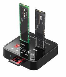 CoreParts MS-CLONER-M2-SD media duplicator Black (USB3.2 Type-C [10Gbps] M.2 - SATA/NVMe SSD Clone Docking - with SD express card reader - Box includes USB-C Cable, Power Supply and user - Warranty...
