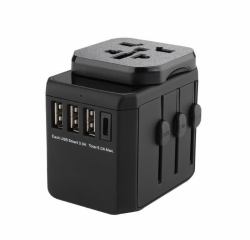 Microconnect MC-TRAVELADAPTER3 electrical power plug Black (World Travel Adapter, 3 USB A - ports and 1 USB-C port, with - Universal to EU power plug - Warranty: 300M)