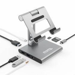 Plugable Technologies 8-in-1 USB C Hub for iPad with Stand, 100W Pass-Through Charging, USB C Docking Station for iPad, 1x HDMI, 2X USB, Audio, SD, Driverless, Compatible with Windows, iPadOS, Phon...
